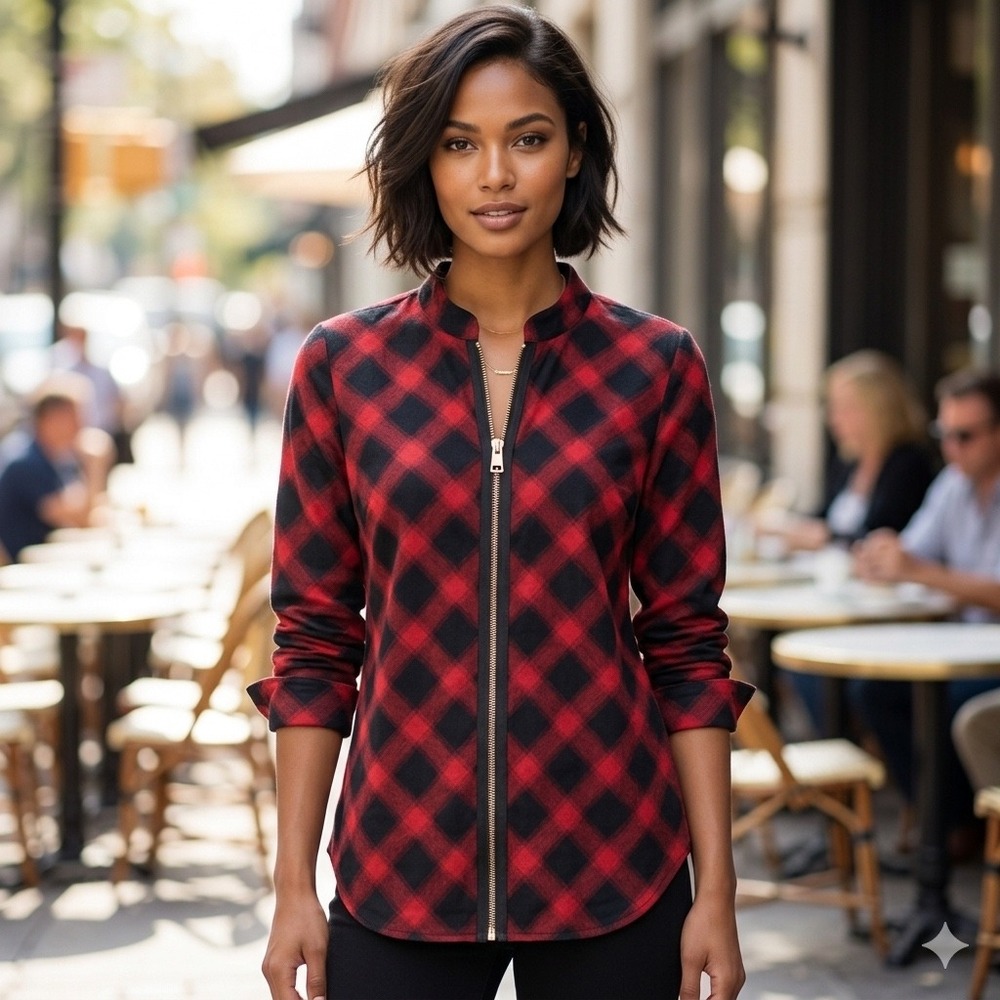 Soft Surroundings Womens Size Small Manchester Plaid Zip Front Jacket Red Black